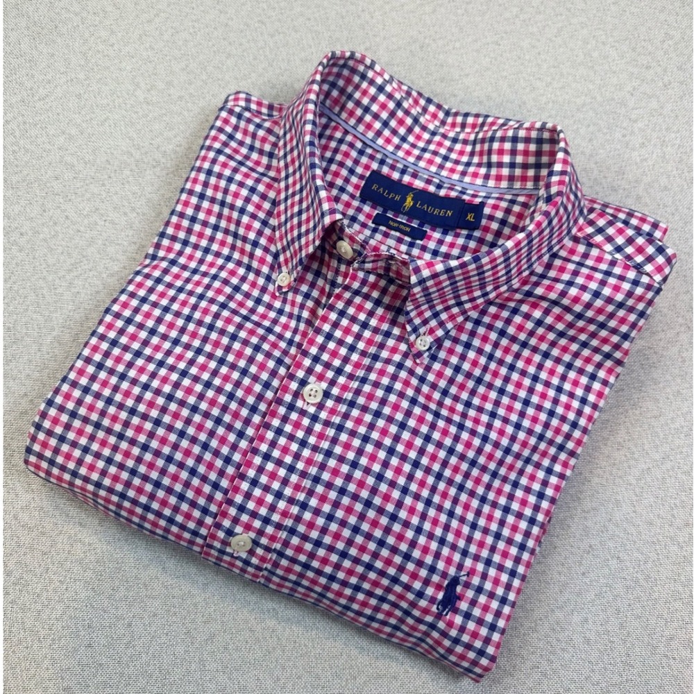 Ralph Lauren Shirt Mens XL Pink Navy Gingham Cotton Non-Iron Button Down Logo